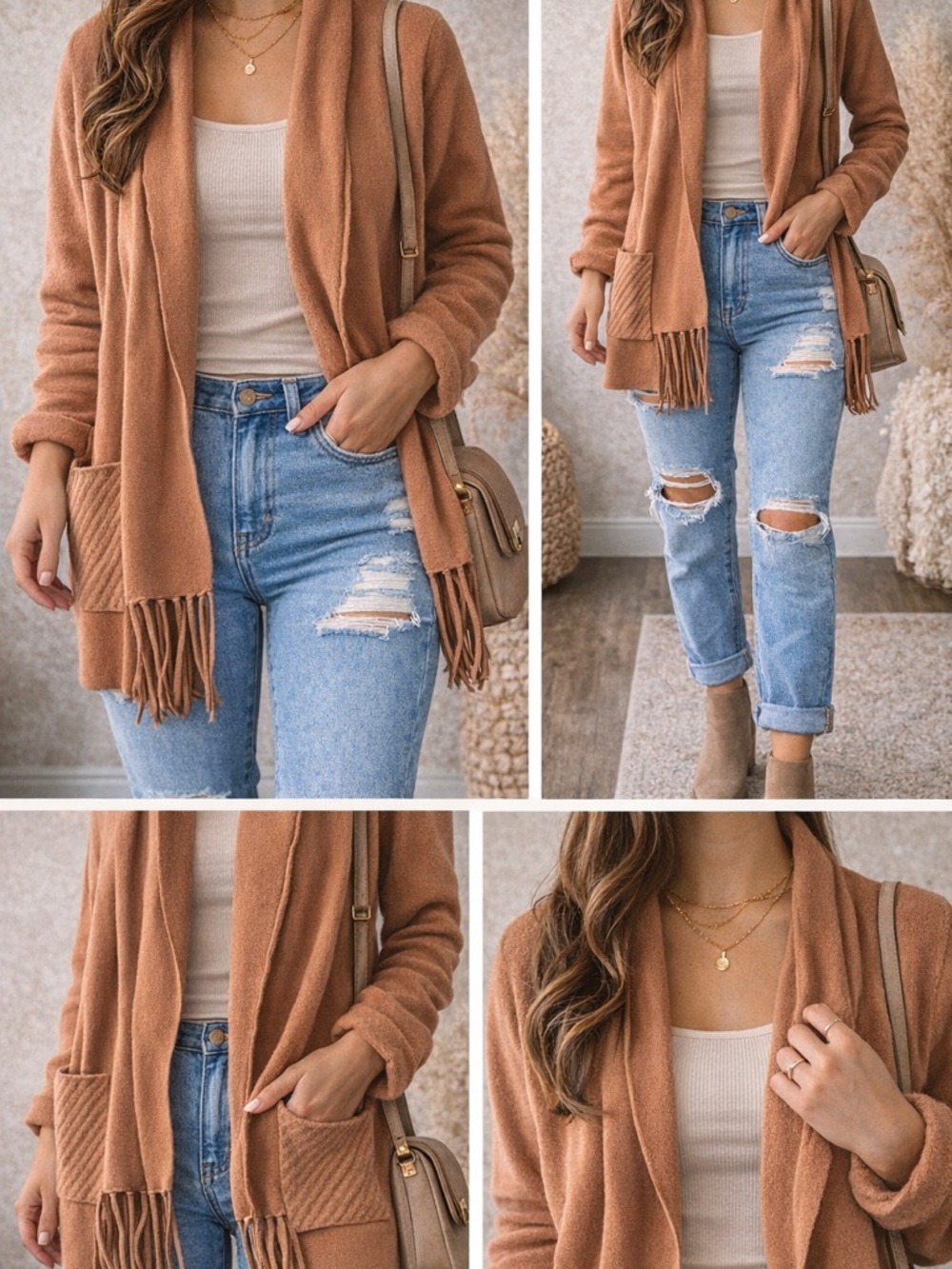 Magaschoni Boho Fringe Cardigan | Rust Brown Cozy Knit Open Front Sweater Size M